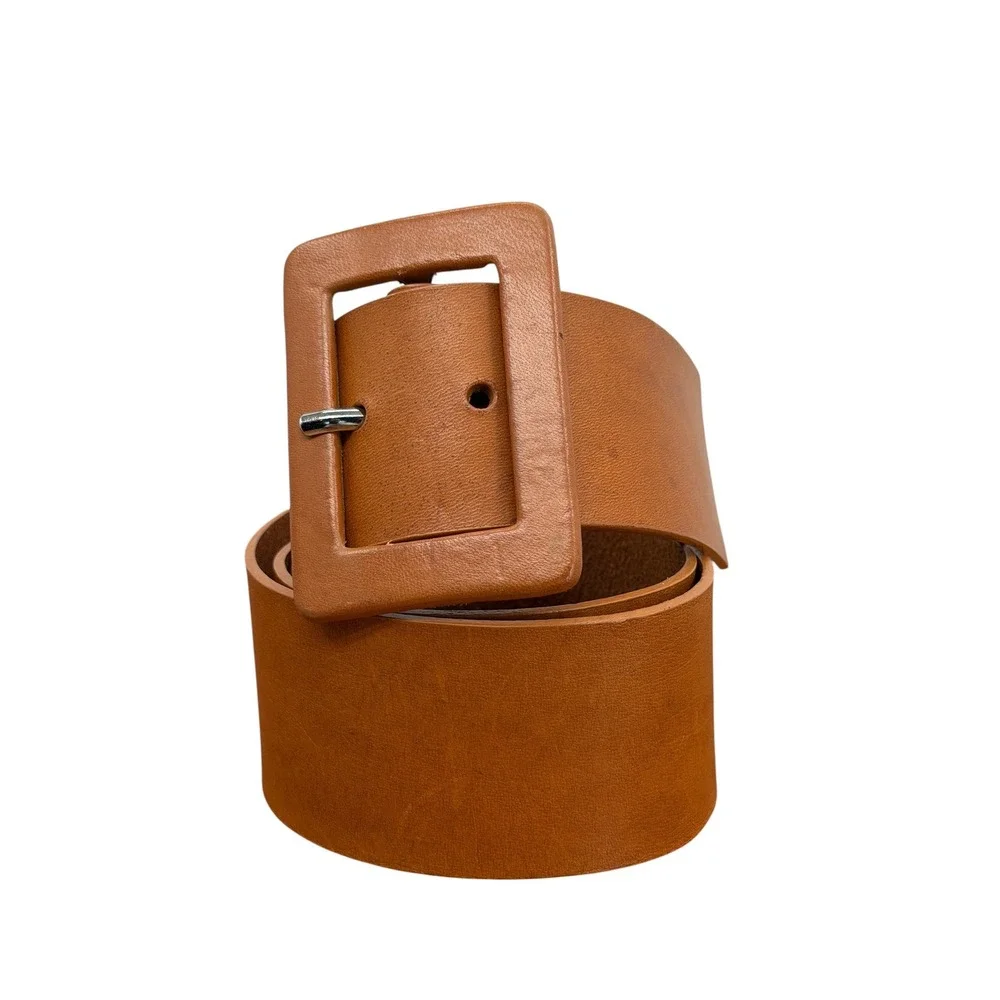 Calvin Klein Wide Leather Belt Womens SZ M Brown Classic Square Buckle Office